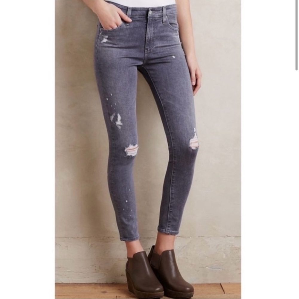 AG The Farrah High Rise Skinny Crop Distressed Gray Jeans Size 28